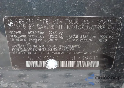 2011 BMW X5 xDrive35I/xDrive35I Premium/xDrive35I Sport Activity z USA, uszkodzony, nr VIN 5UXZV4C55BL739811